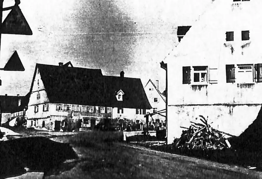 Black and White Photo of the Center of Poppenweiler, Germany in 1952