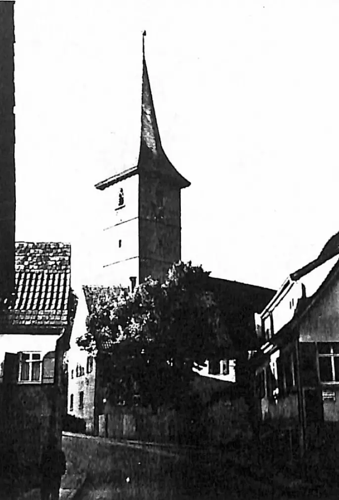 Black and White old photo of Church built by Streckers along the Necker River, Poppenweiler. Germany (1952)