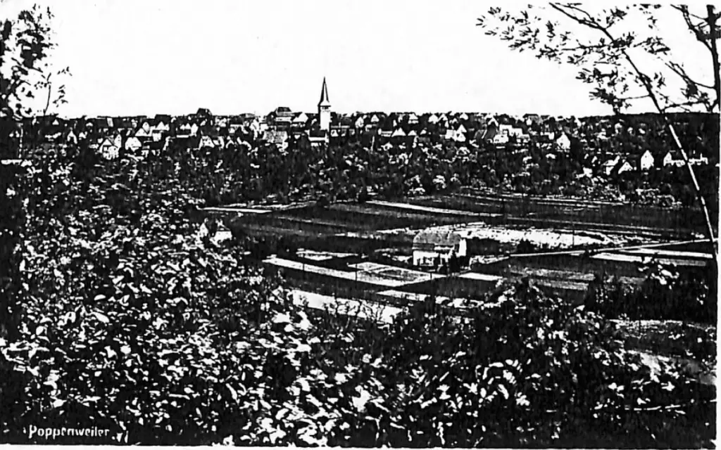 View of Poppenweiler, can see church foreground. 1952