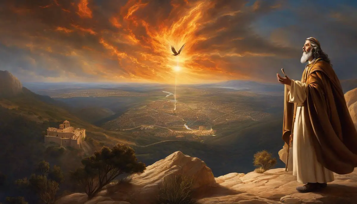 Image description: A depiction of Elijah standing on Mount Carmel, with fire descending from the sky.