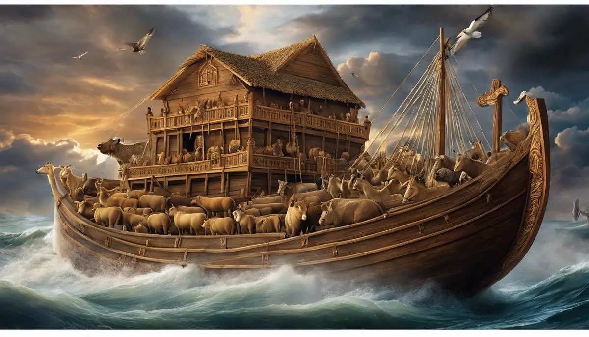 An image illustrating Noah's Ark with animals entering, symbolizing the biblical narrative of the Great Flood for someone that is visually impaired